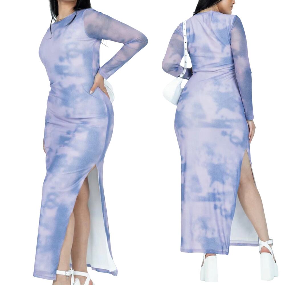 Princess Polly Harlowe Mesh Maxi Dress Tie Dye Print High Slit Blue NEW Womens 0